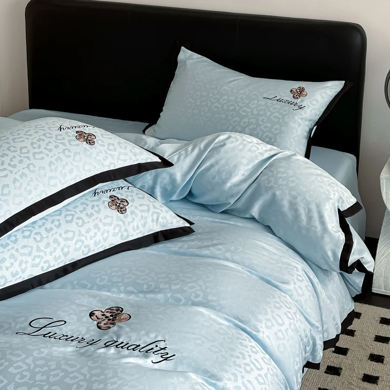 Leopard Print Bedding Set Washed Silk High-quality Satin Silky Black Lace Design Super Smooth Jacquard Duvet Cover Sheet Set