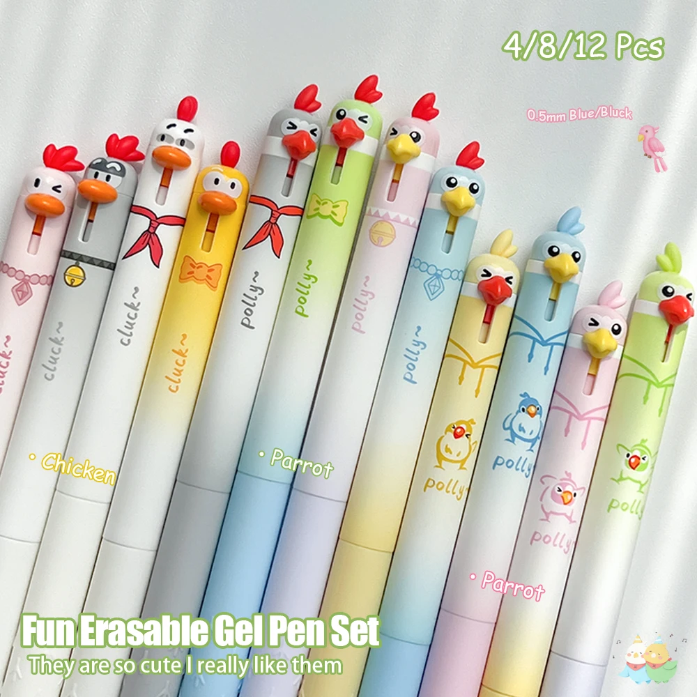 

4/8/12pcs Fun Animal Erasable Pens 0.5mm Cute Parrot Baby Chicken Cartoon Gel Pen Minimalist Blue/Black Pen Study & Office Use