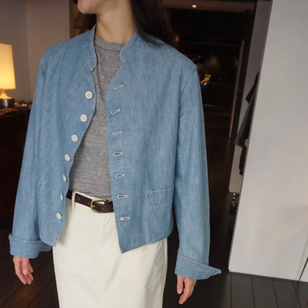 

Ретро Sle, свободный крой, однотонный воротник-стойка, джинсовый Jaet Urbnic30, женская модная осенняя верхняя одежда Qui очень