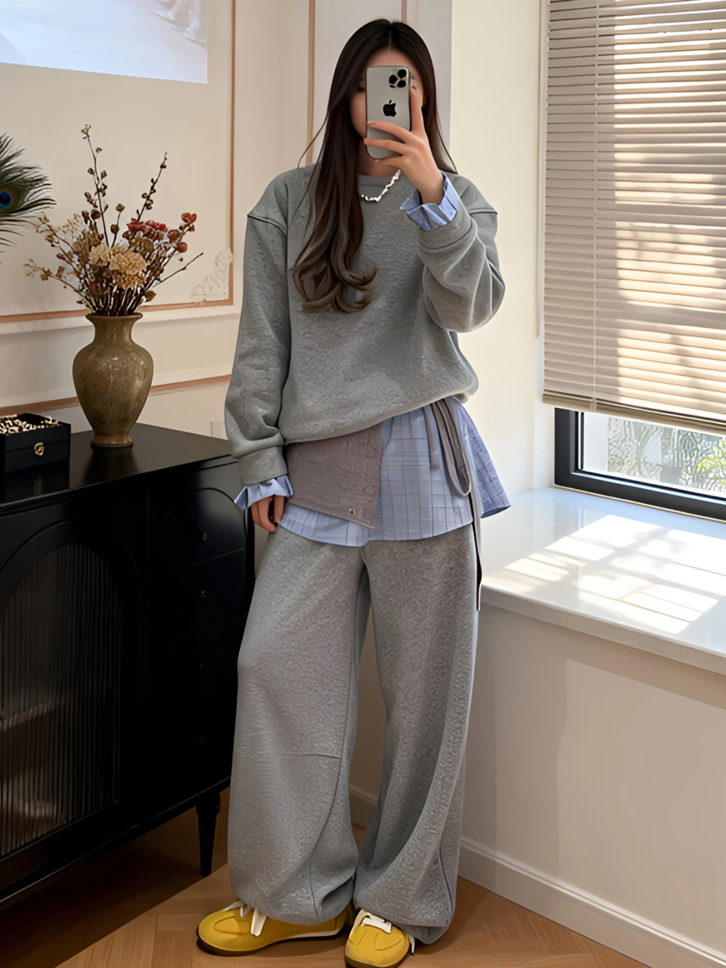 

Korean Style Lazy Fashion Anti-Aging Women's Sweatshirt Set Spring Autumn Plaid Curtain Sweatpants Three-Piece Set Casual Wear