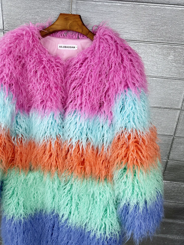 Original Design Female Colourful Faux Fur Coat Lady Contrast Color Shaggy Outerwear Women\'s Long Jacket Factory Direct Sales