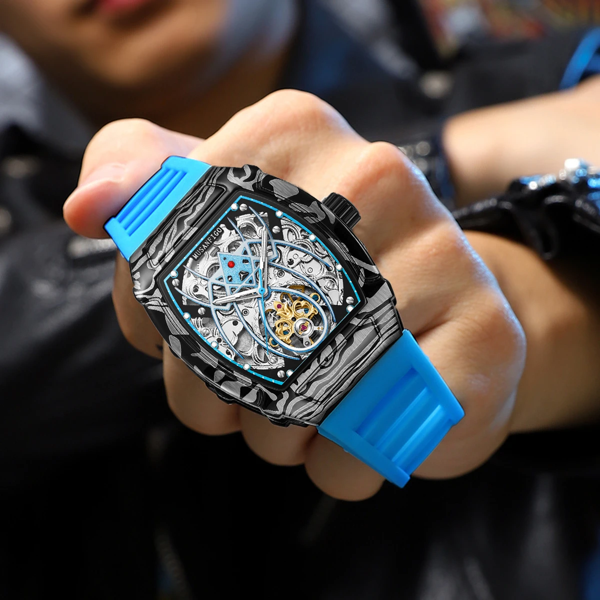 MUSANFIGO Spider hollow-out design luminous silicone strap automatic mechanical watch fashion men's national watch