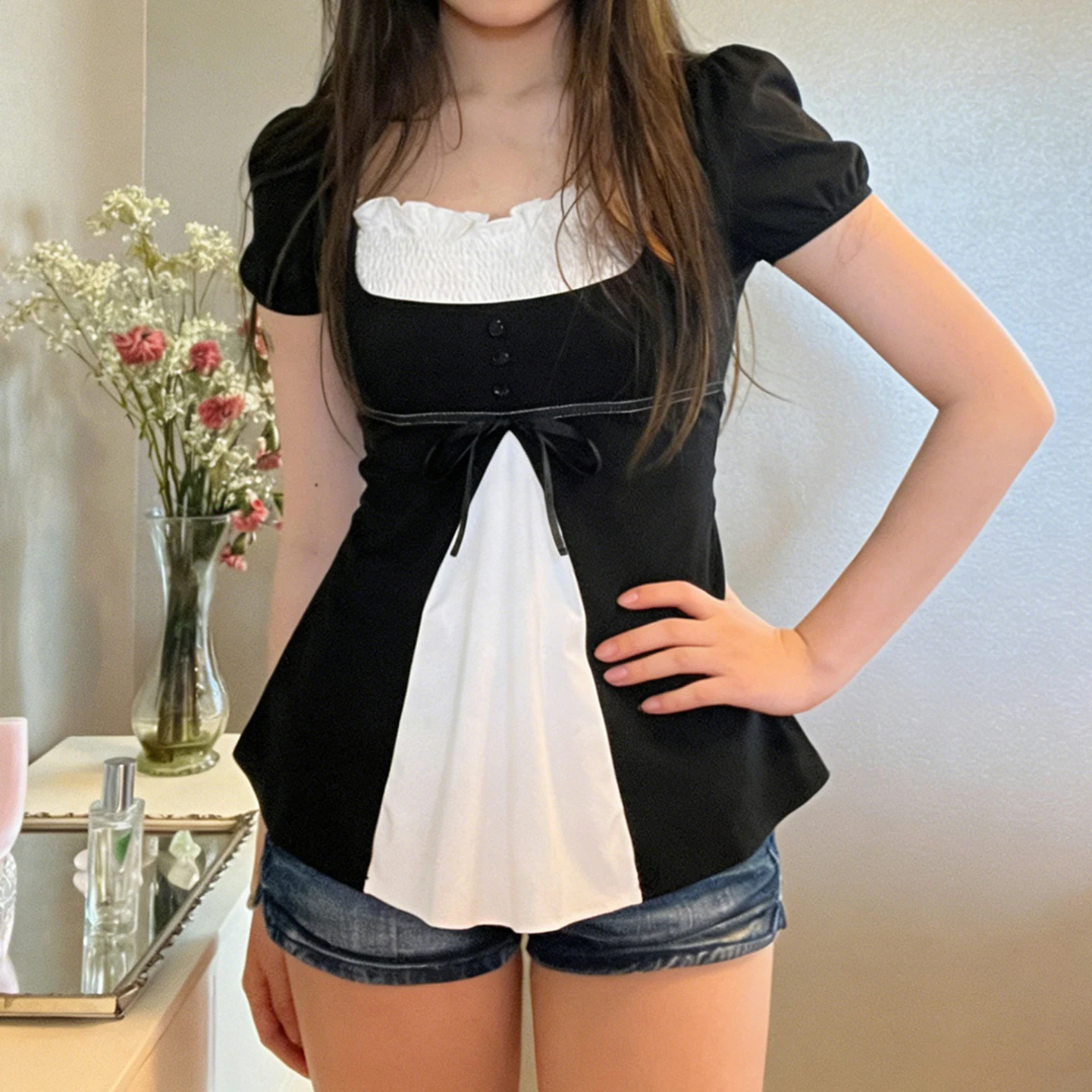 SUCHCUTE Vintage Fake Two Piece T-Shirts für Damen, Puffärmel, Patchwork, Schleife, schmaler quadratischer Kragen, Y2k, Freizeitkleidung, Sommer-Chic – Detail 16