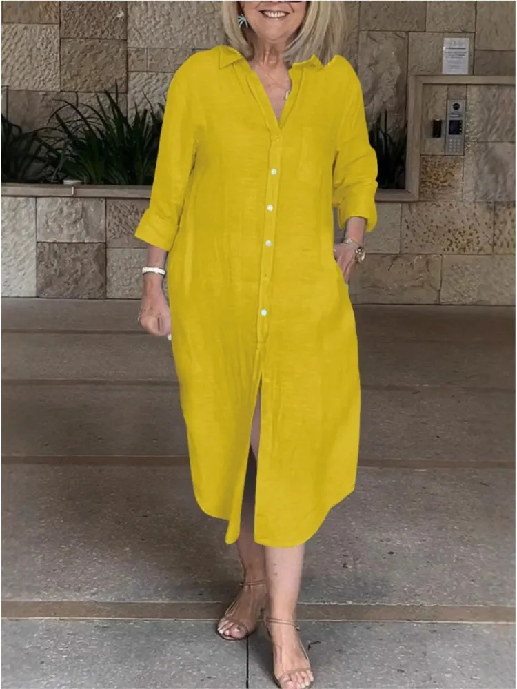 

Fashion Solid Dress Female Casual V Neck Long Sleeve Button Loose Dresses For Women Elegant Office Womens Clothing Spring New