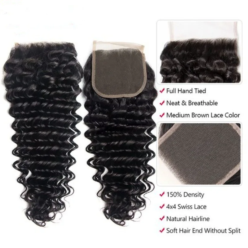 Natürliche Farbe, 4x4-Spitzenverschluss, tief gewelltes Echthaar, vorgebleichte Knoten, weiches, gewelltes Spitzenverschlussstück für den Salon-Haarsalonbedarf – Detail 5