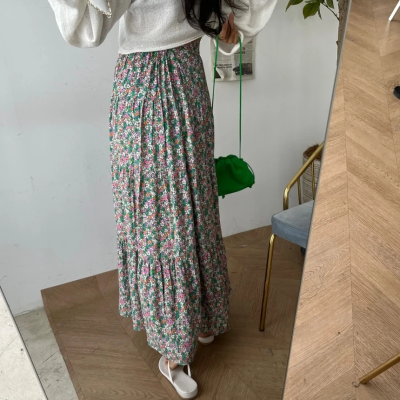 2023 Spring Summer Printed Floral Pleated Skirt Women Korean Style Casual High Waisted A-Line Long Skirts Maxi falda plisada