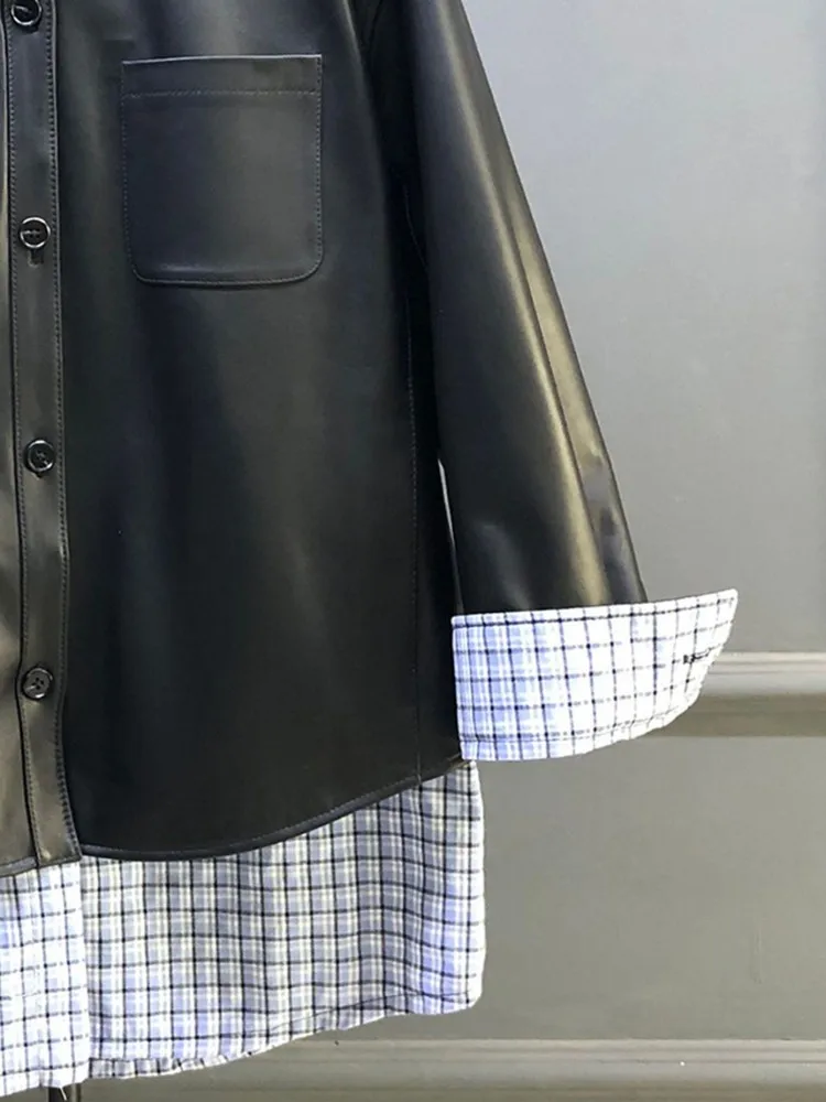 Giacca in vera pelle monopetto con risvolto colorato patchwork stile tempo libero Capispalla da donna a maniche lunghe con tasca in pelle di pecora allentata