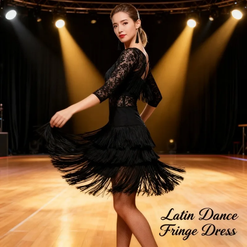 فستان رقص لاتيني، تصميم أنيق من الدانتيل والأداء للمنافسة والأداء، ملابس رقص قاعة الرقص النسائية مع نسيج مطاطي #1