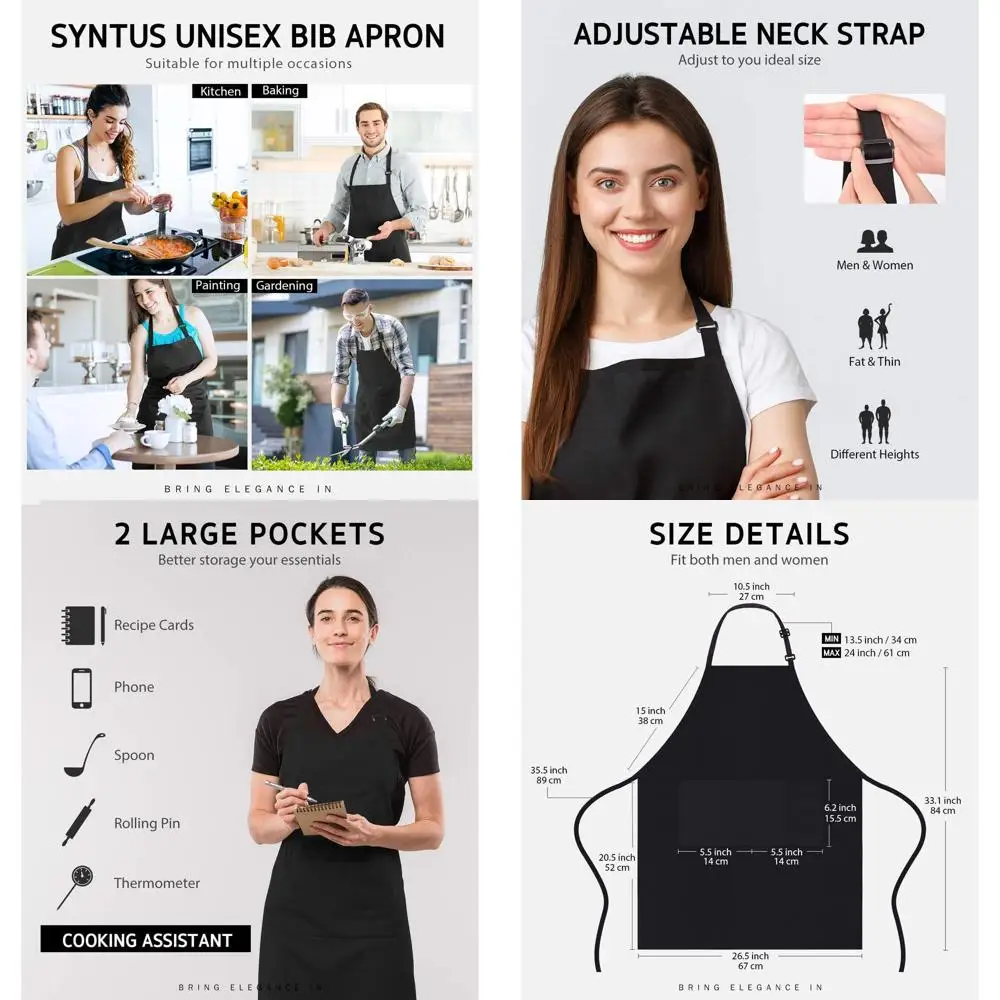 

Adjustable 4-Pack Bib Apron with Pockets for Cooking, Unisex Chef Aprons