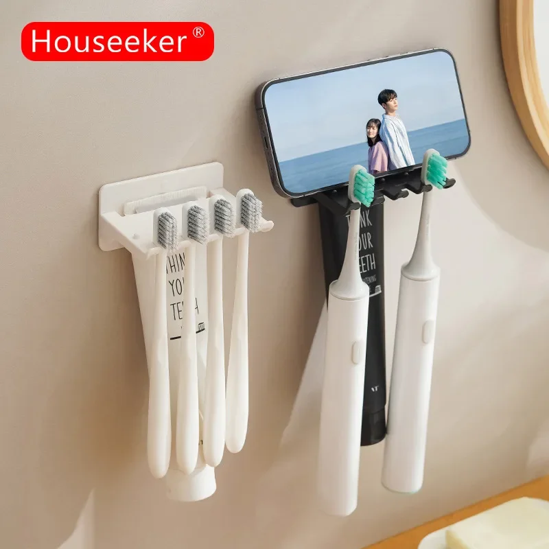 

Wall Mounted Toothbrush Storage Rack Multifunctional Mobile Phone Holder Toothpaste Dispenser Shelf 4 Slot Toothbrush Rack