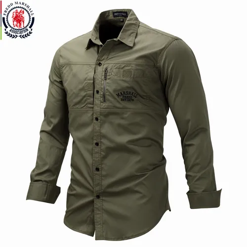 Fredd Marshall 2023 Camisa militar de moda de manga larga con múltiples bolsillos camisas casuales ropa de marca verde militar Camisa Masculina 117