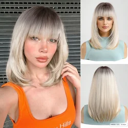 Layered Straight Platinum Blonde Hair Wig with Bangs Short Ombre Blonde Synthetic Wig For Women Gradient Gold Wig Heat Resistant