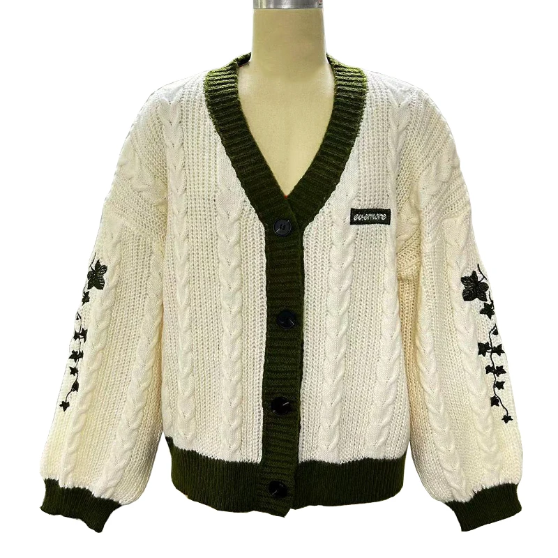 Evermore Cardigan Taylor Version Green Vine Embroidered Button Down Cable Knit Sweater Women Fall Winter Vintage Outfit - view 5