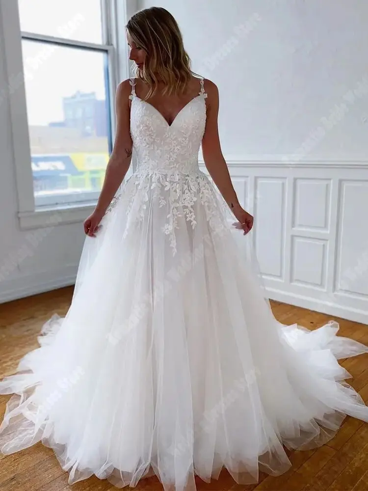 Deep V-Neck Women Wedding Dresses Flower Shoulder Strap Tulle Surface A-Line Gowns Newest Mopping Length Bright Princess Robes