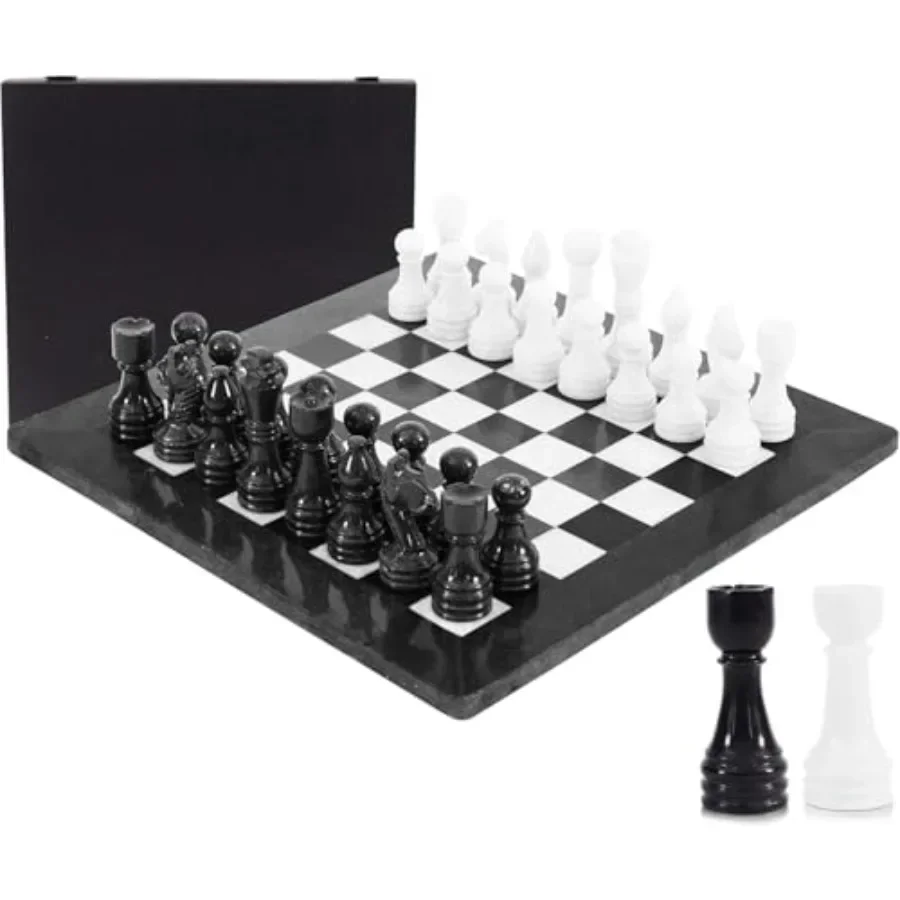 

Marble Chess Set for Adults: 15 Handmade Black White Board, 32 Pieces + 2 Extra Queens, Storage Box Luxury Travel Game, Elegant