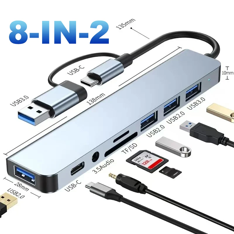 

8 In 2 USB HUB With Splitter Card Reader, USB C Port, USB 3.0 / 2.0, SD/TF Splitter Card Reader, Docking Station Type-C Adapter