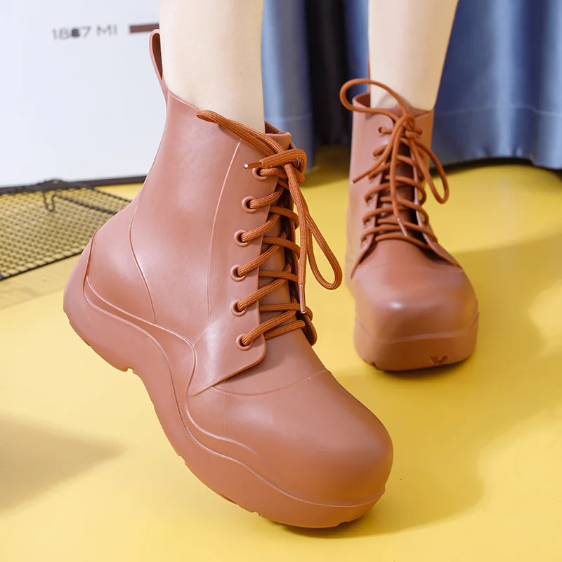 Lace-up rain boots women's waterproof jacket heightening water shoes wear fashionable wear-resistant mid-calf short garden shoes