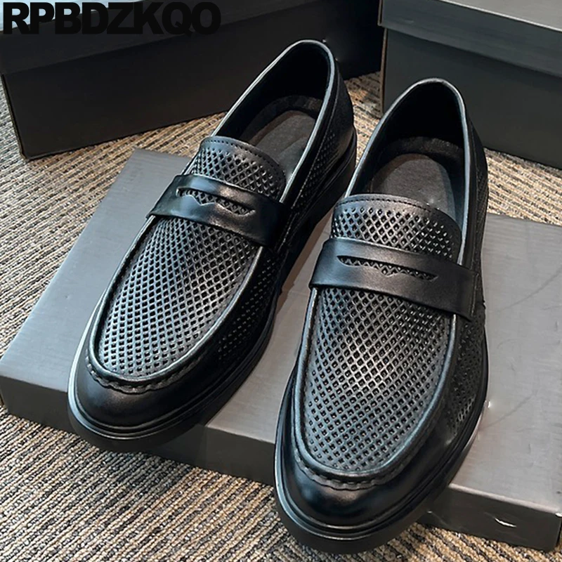 

Cutout Soft Sole Men Round Toe Slip On Breathable Hollow Comfy Cow Leather Loafers Flats Classic Summer Shoes Business Dress