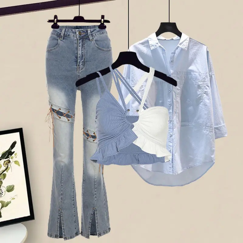 Spring New Casual Pants Suit Blue and White Splicing Suspender Vest White Shirt Jeans Three Piece Set Female Blouse Tracksuit