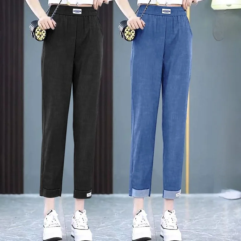 Pantalon d'été en Denim de soie glacée fine, taille haute, élastique, décontracté, Harlan, neuf Points, amincissant, polyvalent pour maman