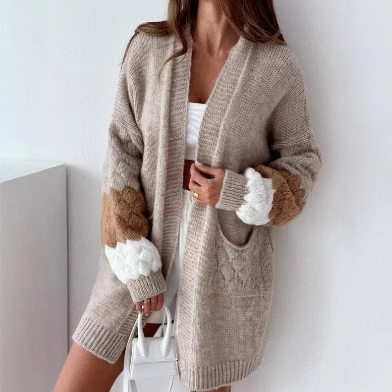 

Casual Contrasting Sweater Jacket Women's 2025 New Loose Medium and Long Top Autumn and Winter with Knitted Cardigan