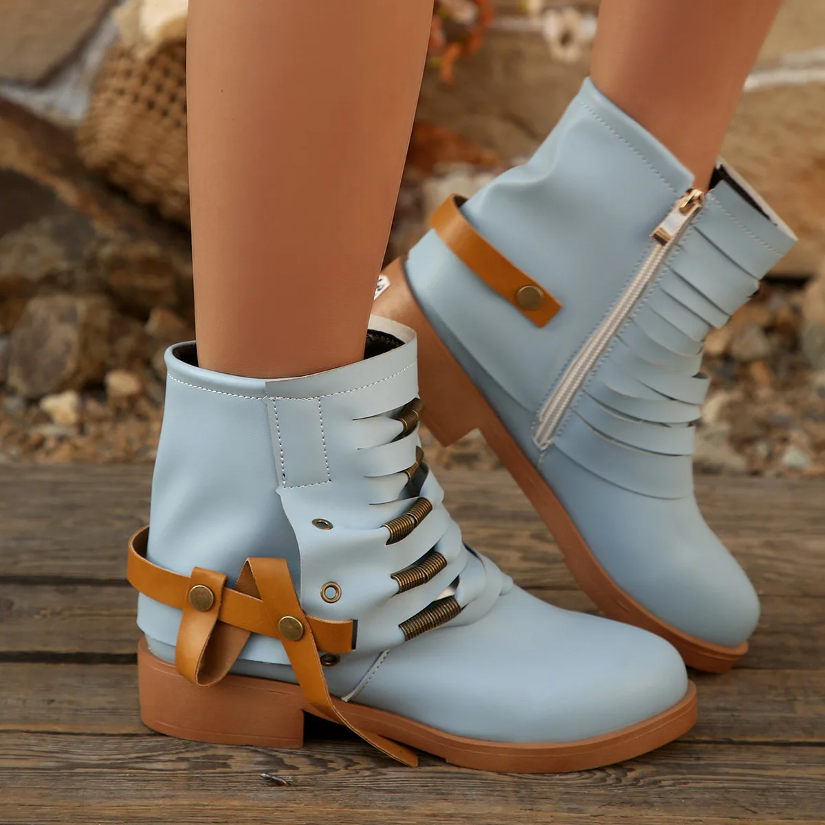 

2025 New Women's Boots Tassel Rivet Thi Heel Medium Heel ort Boots Wi Boots PU Material round Toe Rubber Sole