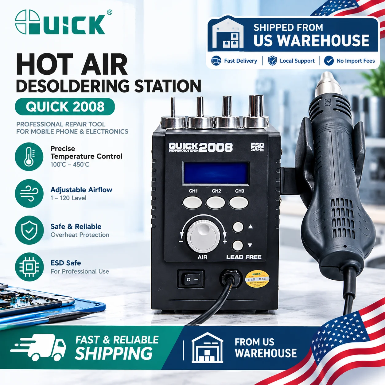 QUICK 2008 Hot Air Gun ESD Lead-Free Digital Rework Station For Phone Mainboard BGA Chip Desoldering Repair 700W