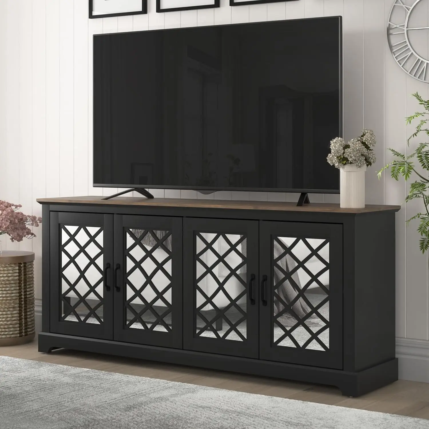 Entertainment Center with Mirror Doors & Storage Shelves, Rustic Media Console Cabinet for Living Room, Black Knotty Grey Oak