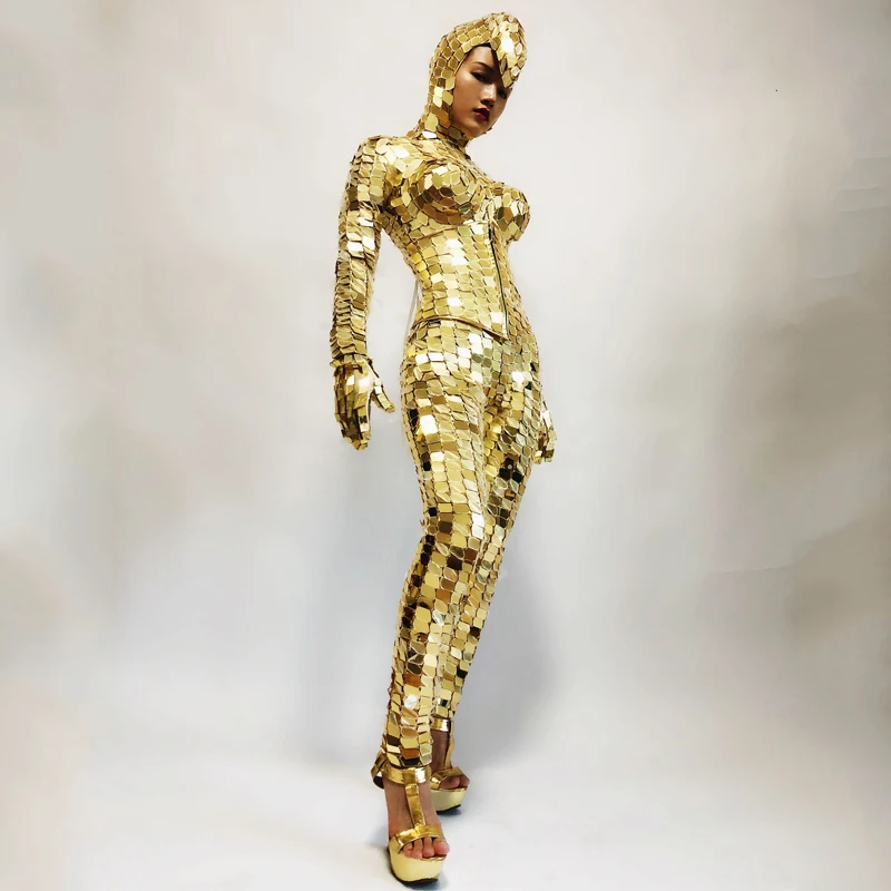 Nowy Złoty Kostium Sceniczny dla Tancerki GoGo, Kostium Lustrzany, Sukienka Lustrzana Złota na Imprezę dla Kobiet, Kombinezon do Klubu Nocnego, Strój na Pokaz yj377