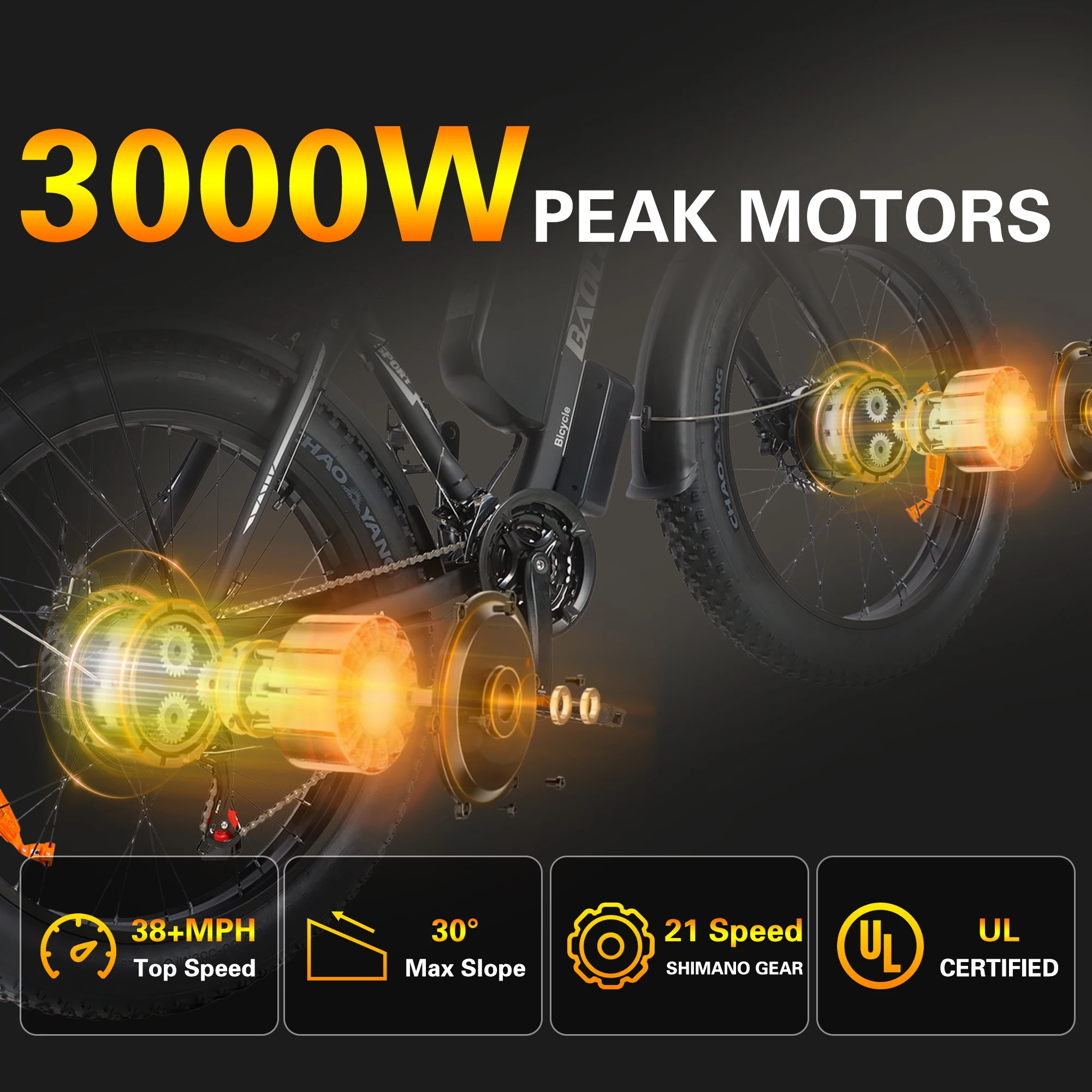 【1 Year Warranty】BAOLUJIE 2602 Adult E-Bike ebike with 3000W Two Motors, 48V 23AH Battery,26 Inch Wide Tyre Electric Bike UL2849