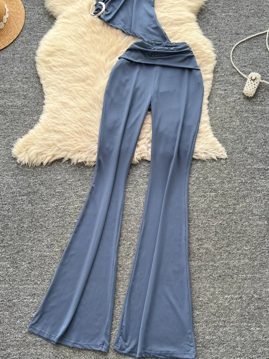 Foamlina ผู้หญิงฤดูร้อนแขนกุดคอไม่สมมาตรด้านบนและเอวสูง SLIM FIT Flared กางเกง Chic ที่มีความซับซ้อน 2 ชิ้นชุด