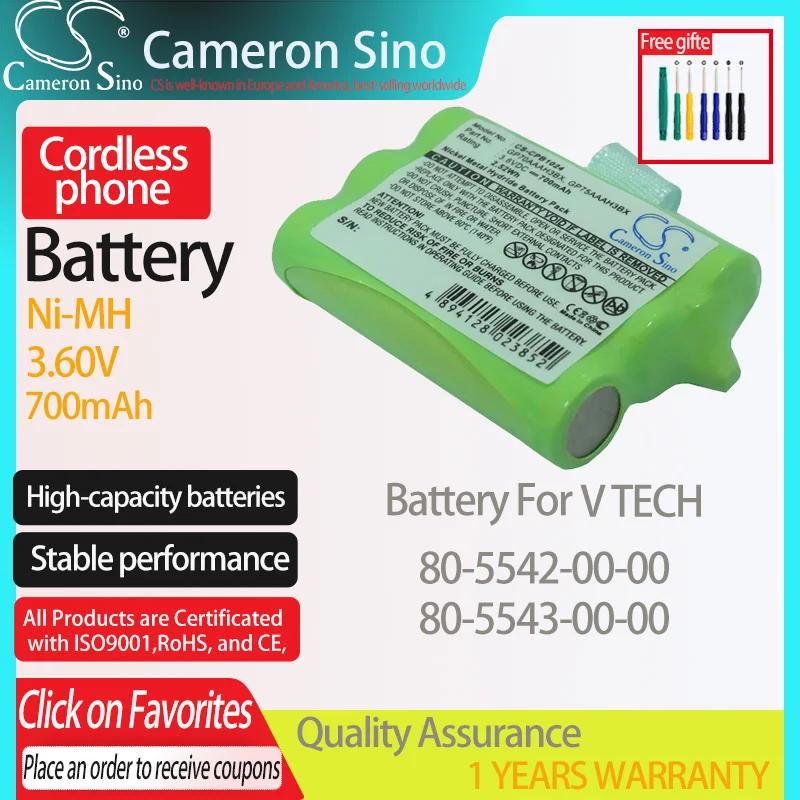 CameronSino Battery for V TECH 80-5542-00-00 80-5543-00-00 fits GP GP70AAAH3BX GP75AAAH3BX Cordless phone Battery 700mAh 3.60V