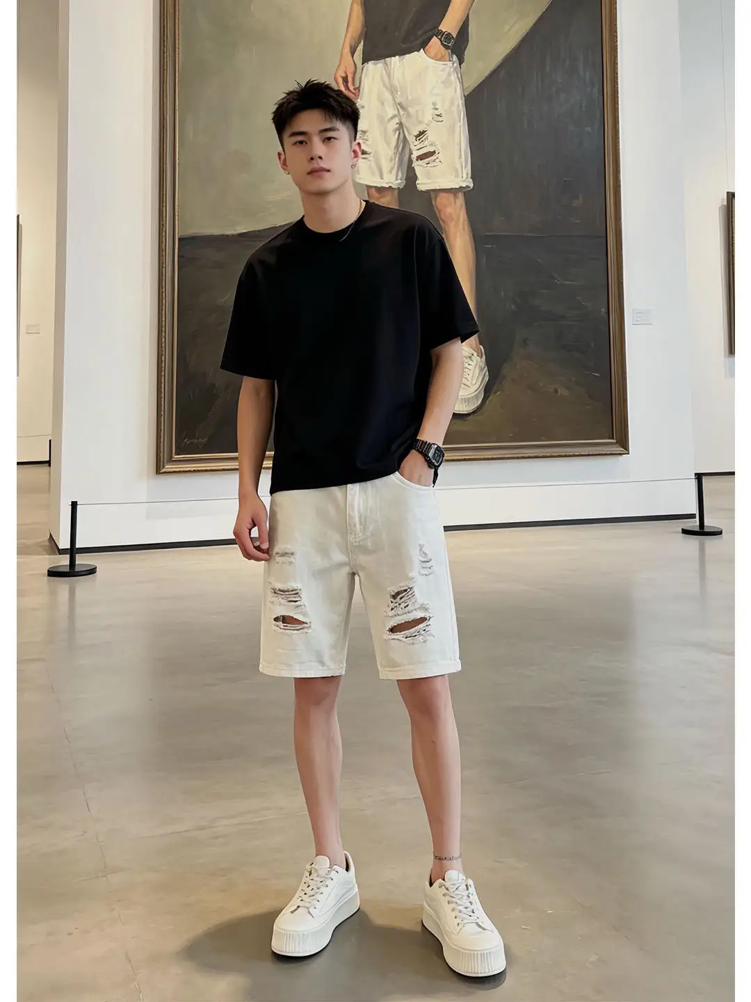 White Ripped Men's Denim Shorts Cleanfit Premium Casual Five-Point Pants Summer Trendy Streetwear Straight Loose Fit Jeans