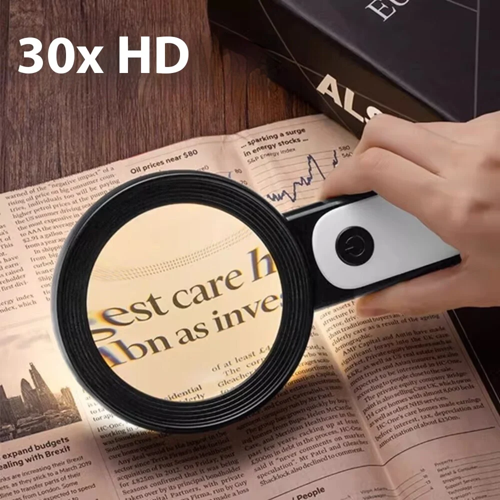 30X Handheld Magnifier with 18 LED Lights Adjustable Cool Warm Light Perfect for Elderly Reading Crafts Close Work