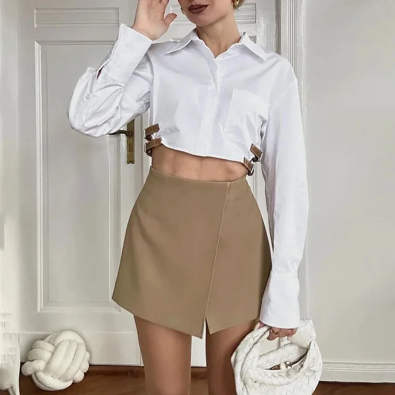 Belt crop shirt Women button up white shirt woman fashion collared cropped shirts blouses streetwear spring long sleeve top