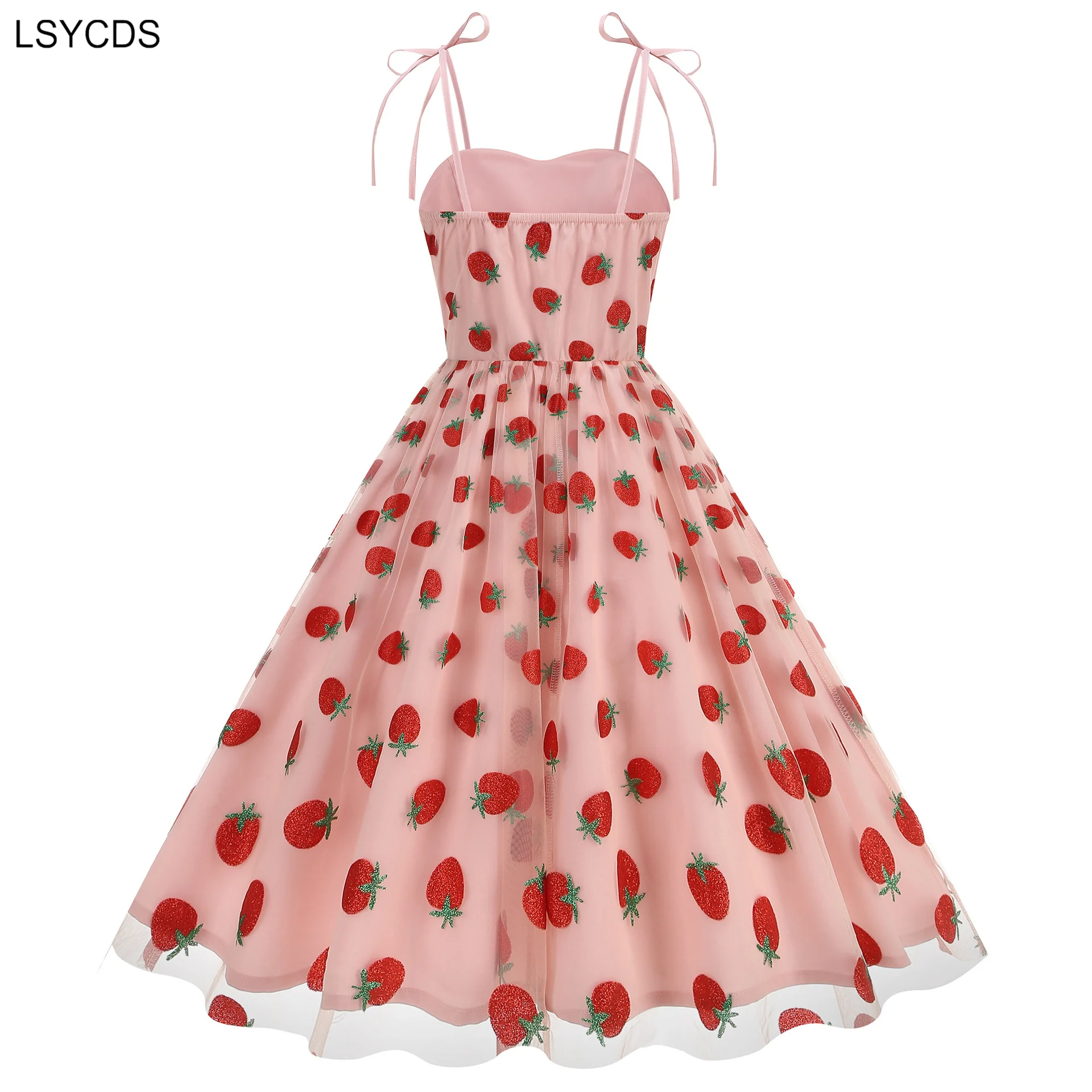 LSYCDS 2025 Valentine's Day Dress Knot Straps Heart Flocking Women Birthday Vintage Party Fit and Flare Summer Pleated Dresses