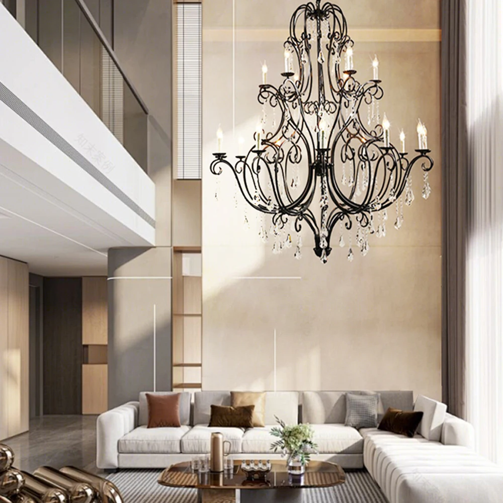 Customized Vintage Home Decor Pendant Light Large Retro Brass Black Metal Crystal Chandelier