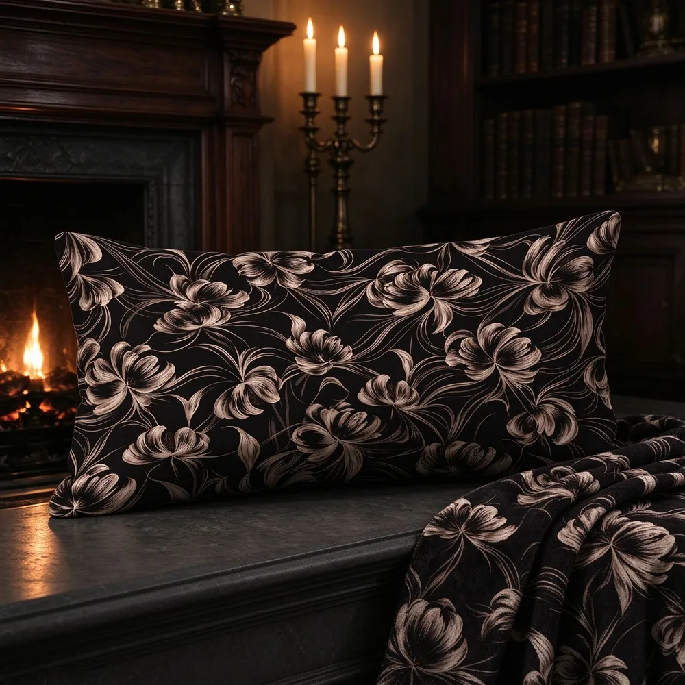 Black White Gothic Floral Print Long Pillow Cover, Mysterious Style, Fireplace Decorative, Polyester, Home Decor, Home Accent