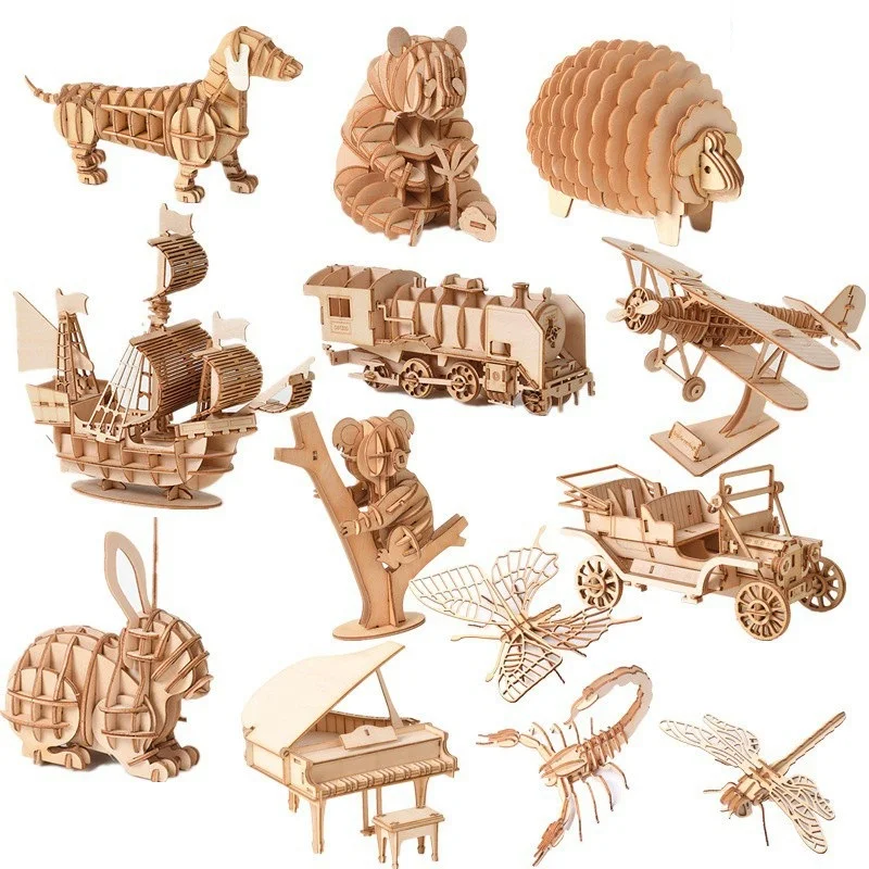 Children 3D Wooden Puzzle Simulation Animal Assembly Skeleton Model Toy for Kids DIY Hands Craft Wood Puzzle Games Building Kit