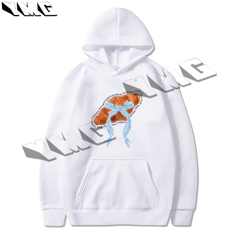 

2024 Cute French Bread Printed Pattern Thick Cotton Sports Hoodie Oversized Loose Long Sleeve Autumn/Winter Casual Sweatshirt