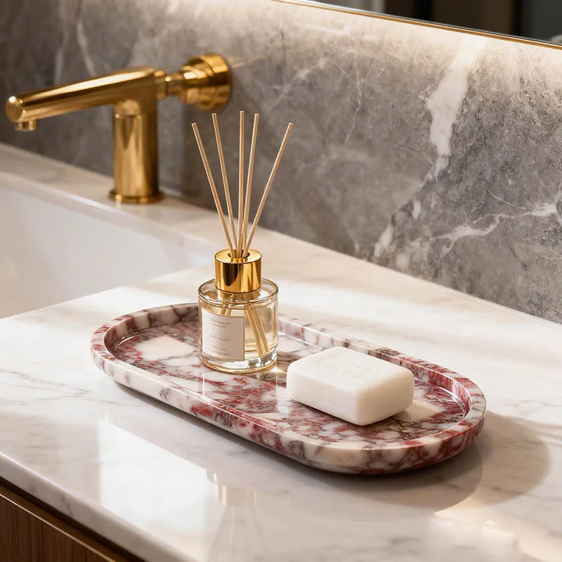 Natural Marble Tray Oval Stone Serving Tray Jewelry Perfume Display Tray Bathroom Vanity Organizer