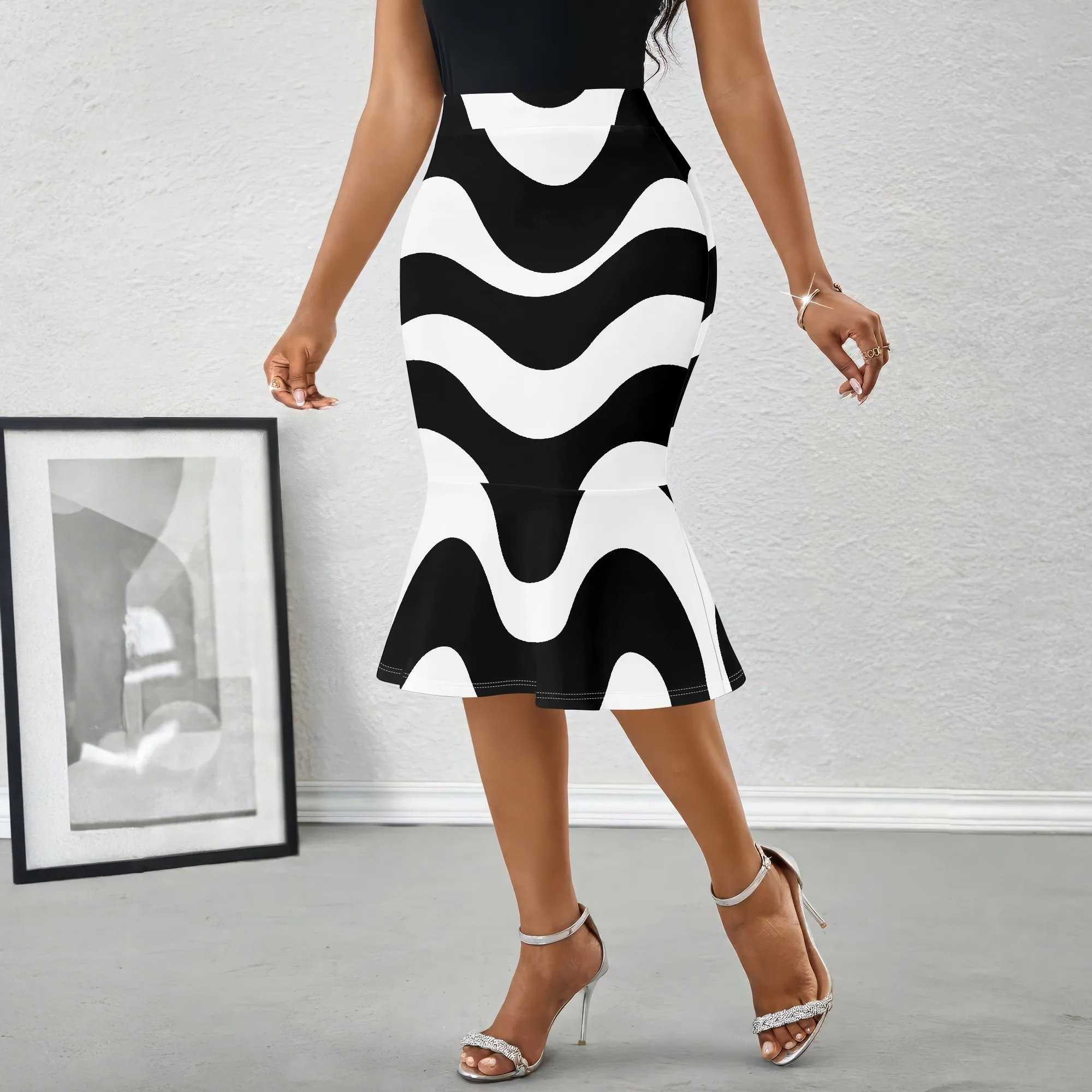 Wavy Print Skirt, Women's Bodycon Midi Skirt, High Waist Ruffle Hem, Black White Abstract Pattern, Office Party Wear, S-2XL