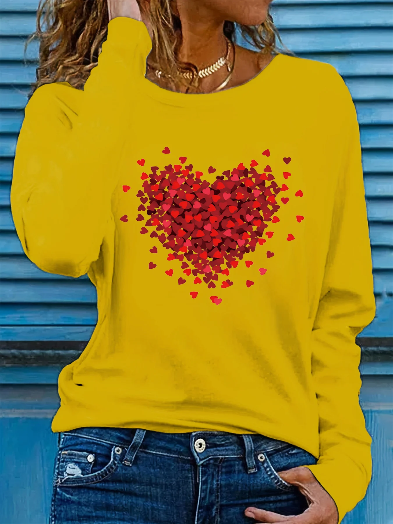 100% Pure Cotton Women's Spring and Autumn Loose Casual Heart-Shaped Graphic Printed Long-Sleeved Round Neck T-Shirt