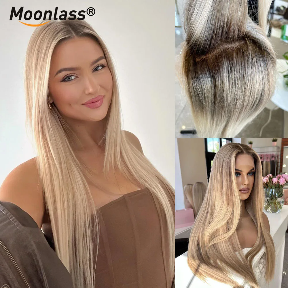 Ombre Ash Blonde Straight Wig 100% Human Hair 200% Density 13x6 Transparent Lace Front Wigs Natural Hairline Remy Wig For Women