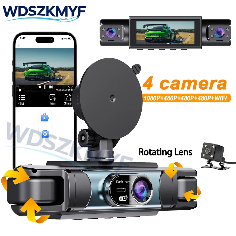 1080P 4Ch Dashcam 3/4Lens Car Camera WiFi Driving DVR Front Left Right Rear Night Vision 24h Parking Loop Recording Hardwire kit