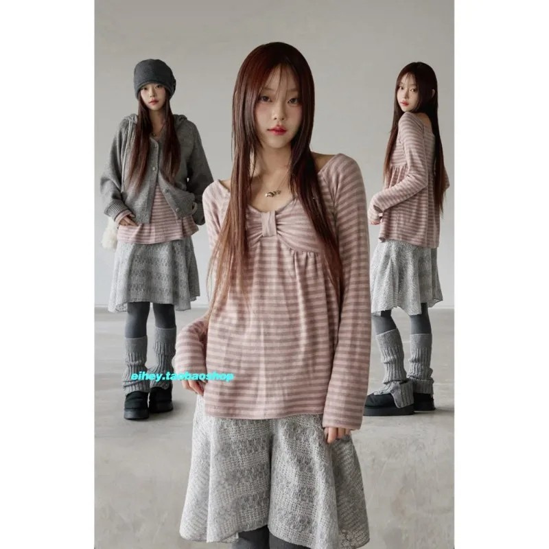 Korean Retro Bow Pleated Casual Long-sleeved T-shirt Women 2026 Spring New High Street Contrast Color Striped Tops
