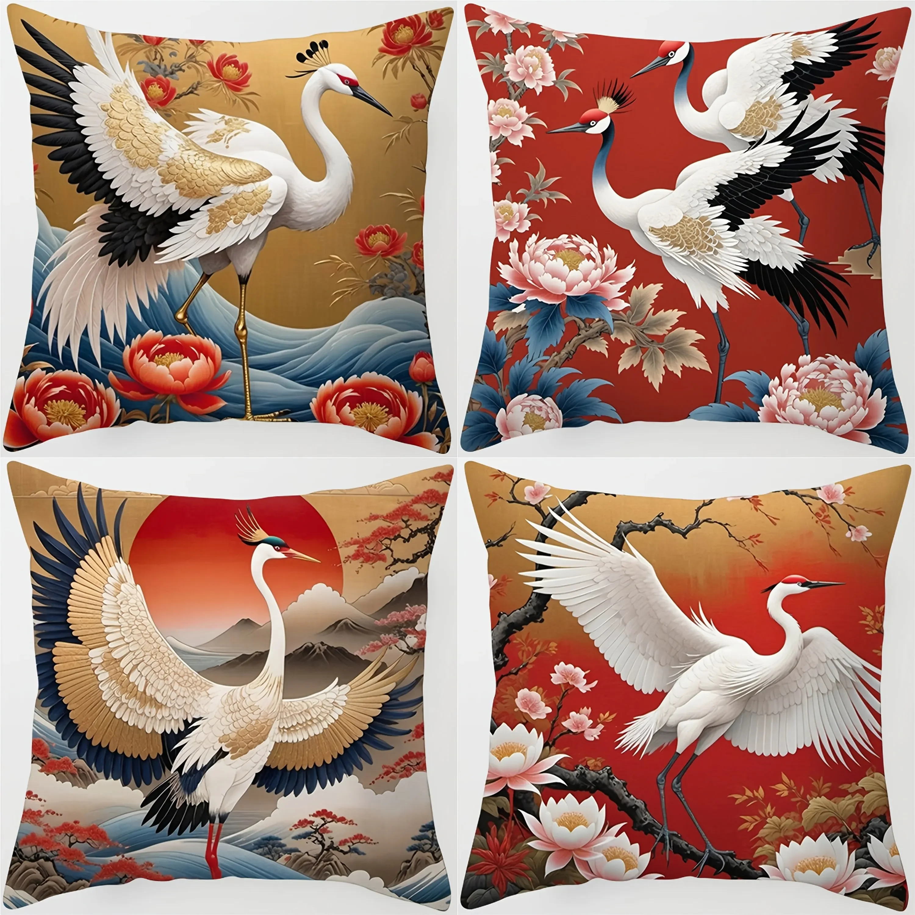 Vibrant Crane Floral Art Throw Pillow Covers Set - Decorative Accent for Living Room Bedroom