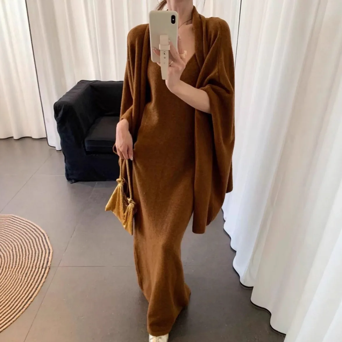 

Two Pieces Knitted Dress Sets Women Solid Matching Sets Square Collar Long Sleeves Coat Ankle Length Dress 2025 Autnmn Winter