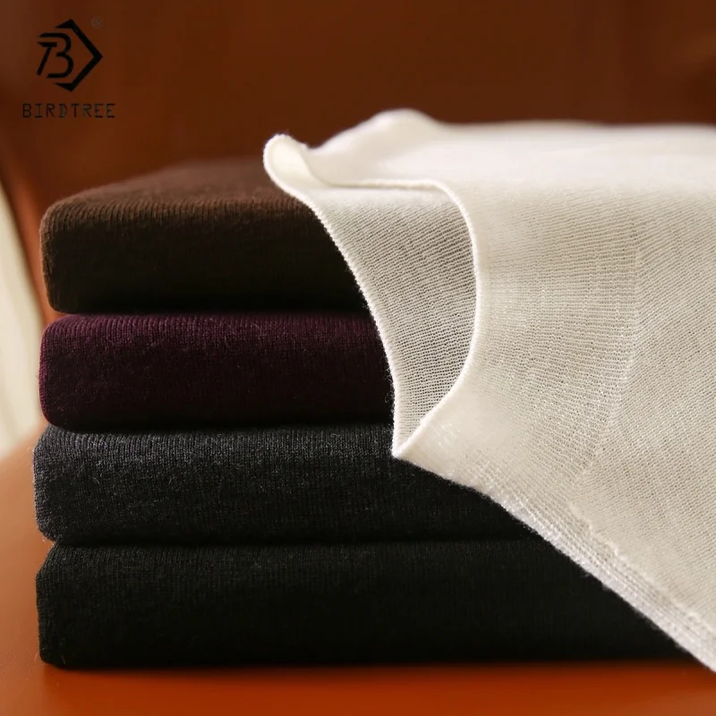 Birdtree,100% Sheep Wool Undershirt,Women Seamless Knitted Shirt,Mock Neck,Full Sleeve,Autumn Winter Basics Pullover T5N903JF