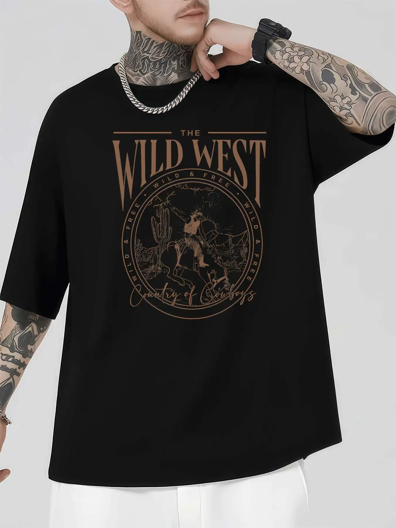 

Мужская футболка с рисунком Wild West Cowboys, 220 г/м2, новая летняя повседневная футболка с круглым вырезом из чистого хлопка с короткими рукавами